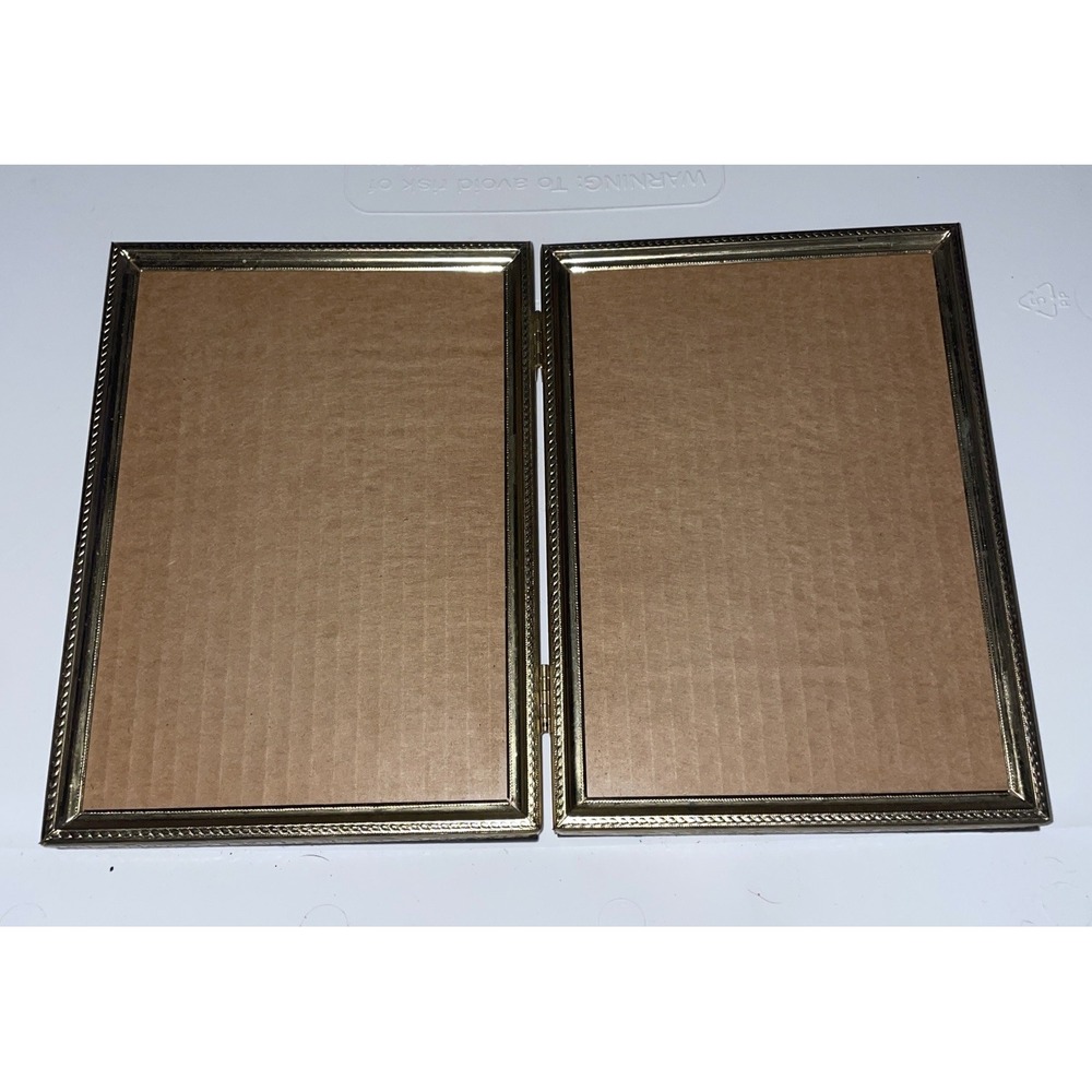 Vintage Hinged Double Photo Picture Frame Gold Tone Metal Mid Century MCM  5x7"
